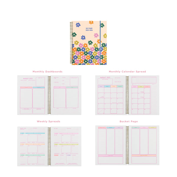 Colorful 2025-2026 Toot academic planners with a floral design showing the inside pages of the planner