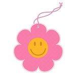 Air freshener of a pink flower with the center of it being a yellow smiley face. 