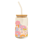 Clear can-shaped glass tumbler with bamboo lid and glass straw, decorated with a colorful floral design featuring daisies and groovy  blooms in pink, orange, purple, and white. Perfect for iced coffee, tea, or fun beverages with vintage vibes and aesthetic charm.