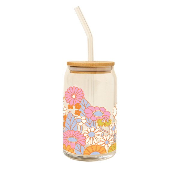 Clear can-shaped glass tumbler with bamboo lid and glass straw, decorated with a colorful floral design featuring daisies and groovy  blooms in pink, orange, purple, and white. Perfect for iced coffee, tea, or fun beverages with vintage vibes and aesthetic charm.