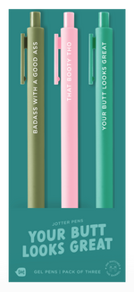 
Fun and cheeky “Your Butt Looks Great” Toot Jotters gel pens 3-pack by Toot, featuring flirty phrases like “BADASS WITH A GOOD ASS,” “THAT BOOTY THO,” and “YOUR BUTT LOOKS GREAT” — perfect for compliments with personality using Toot Gel Pens.