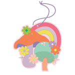 Air freshener with mushroom surround by flowers, and a rainbow behind in vibrant pastel pink, orange, green, yellow, teal, and purple.