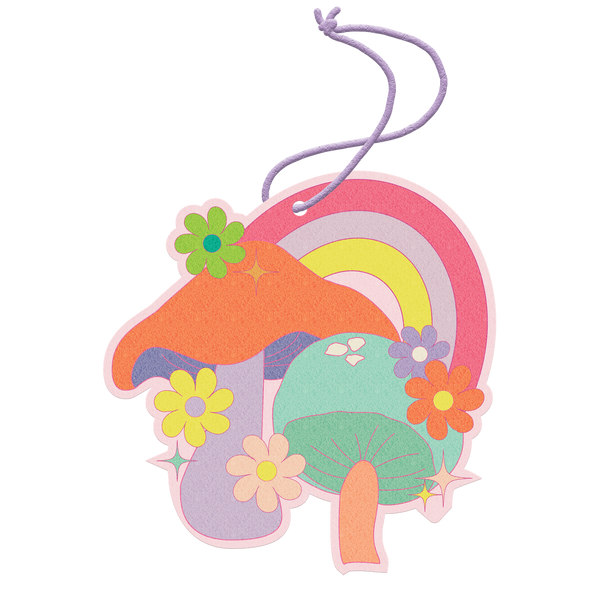 Air freshener with mushroom surround by flowers, and a rainbow behind in vibrant pastel pink, orange, green, yellow, teal, and purple.