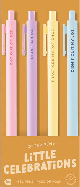 A set of colorful Jotter pens in blush pink, lilac, banana, and powder blue with sayings related to the high-five you didn’t know you needed, because surviving the day deserves stationery confetti.