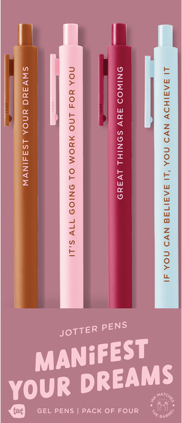 A set of Jotters pens in 4 different cute colors, powder blue, camel, luxardo, and blush pink with saying related to inspiration and goal-making, suggesting a focus on positivity or ambition.