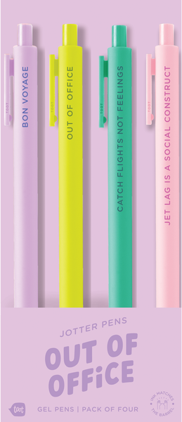 A set of pastel cute Jotter pens with  lilac packaging with pens in the colors lilac, citron, teal, and blush pink with sayings related to being out of office.