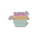 This sticker is in a slightly staggered design layout giving it a playful effect. The background is a silver glitter and the wording LIVE. LAUGH. FUCK OFF are written in pink for LIVE, orange for LAUGH, and light green for FUCK OFF. There are a few purple sparkle icons placed around the words--adding a spunky flare.