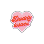 This sticker features a heart shaped design with a silver glitter boarder. The heart itself is pink with the words "Daddy Issues" written in bold, cursive red font, slightly shadowed to create a 3D effect.