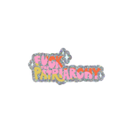 This sticker displays the phrase "FUCK THE PATRIARCHY" in a mix of red, pink, and golden colors. The letters are all caps but vary in size. The background is a silver glitter and there are small white star icons around the text.