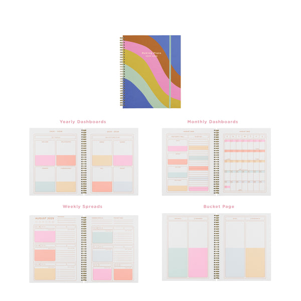 Colorful 2025-2026 Toot academic planners with a rainbow wave design showing what designs are inside the planner. 
