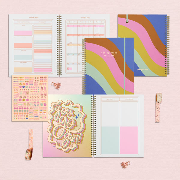 Colorful 2025-2026 Toot academic planners with a rainbow wave design showcasing the insides, sticker sheet, and Toot washi tape.