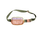 Small hip bag; light pink, lilac, and beige pouch with pink zipper; olive green adjustable strap with pink buckle. 