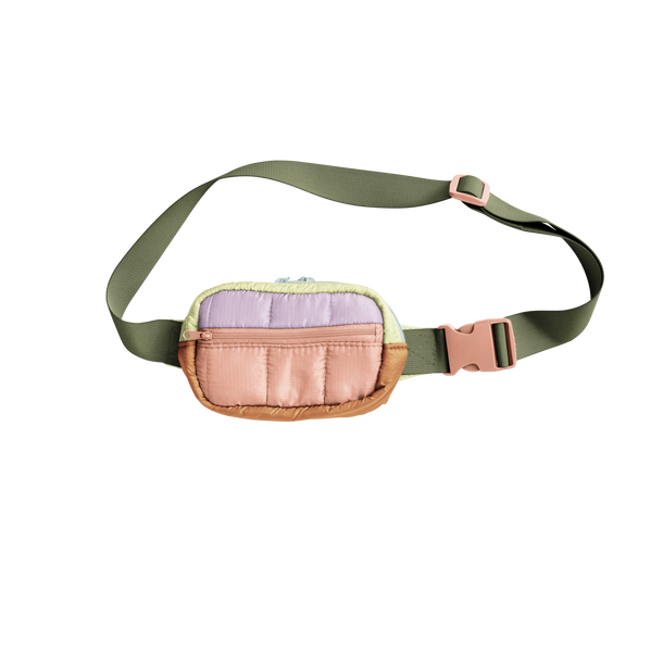 Small hip bag; light pink, lilac, and beige pouch with pink zipper; olive green adjustable strap with pink buckle. 