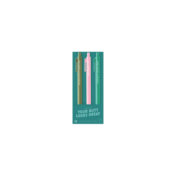 Pack of three Jotter pens in olive green, light pink, and teal, each featuring phrases, Badass with a good ass, that booty tho and your butt looks great. 