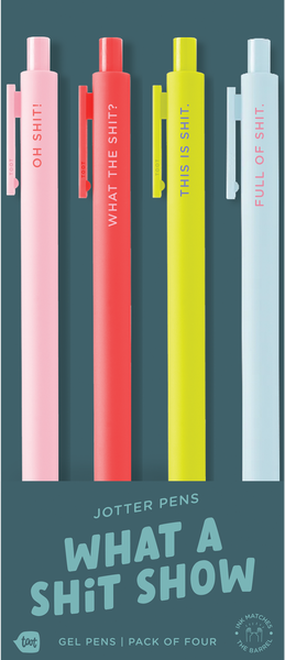 4 colorful cutie Jotter pens in blush pink, neon coral, citron, and powder blue with sayings related to bold, humorous statements likely intended as a cathartic or comedic expression.
