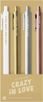 4 Toot Jotter pens in their golden tan Crazy in Love toot packaging. White jotter says "I do's and I love you's", Gold jotter says "Gettin' hitched", Silver jotter says "Put a ring on it", Rose gold jotter says "'til death"