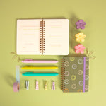 Green mini notebook with colorful smiley faces all around with purple strap and guided gratitude pages on a pastel green background with jotter pens and misc items