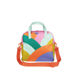 Bright and colorful retro-style bag featuring bold rainbow arc designs in pink, teal, orange, yellow, purple, and white. Designed with mint green handles and a vibrant orange adjustable strap—perfect as a funky gym bag, roller skate tote, or playful accessory for color lovers.