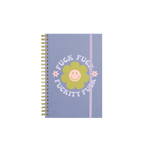 Pastel purple "fuck fuck fuckity fuck"  notebook with a green smiling flower and a purple strap.