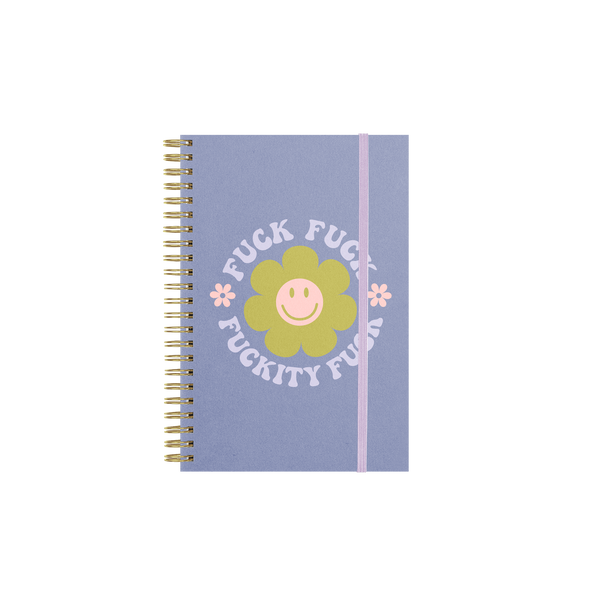 Pastel purple "fuck fuck fuckity fuck"  notebook with a green smiling flower and a purple strap.
