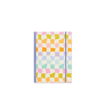Rainbow checkered notebook with a purple spine.