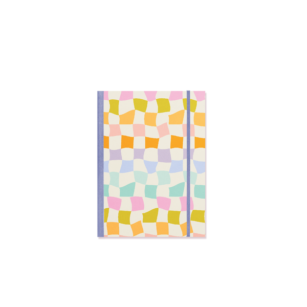 Rainbow checkered notebook with a purple spine.