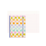 Rainbow checkered notebook with purple spine, and college rule pages.