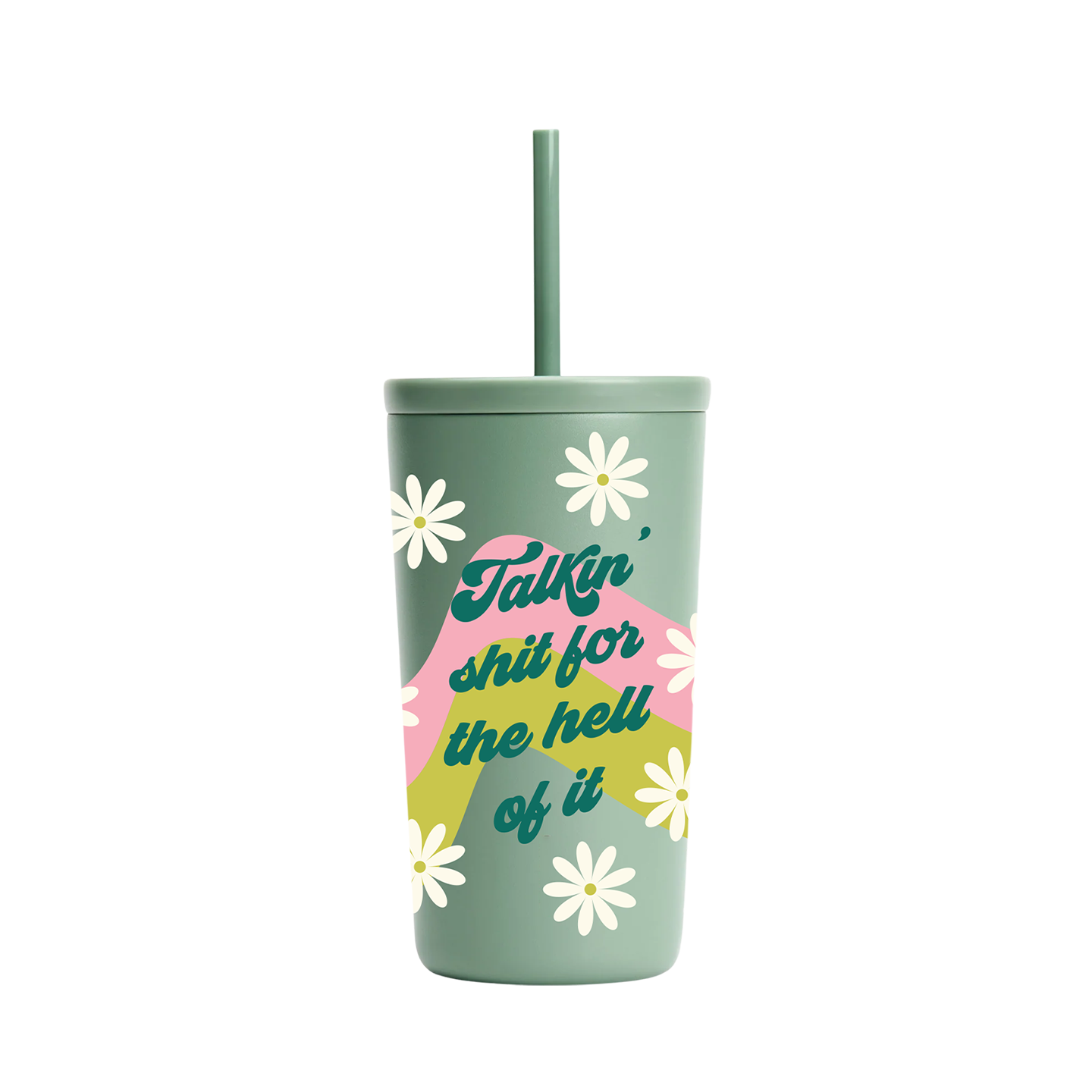 "Talkin' Shit for the Hell of It" Cold Cup
For the loud mouths, eye-rollers, and expert roasters—this one’s for you. The Talkin' Shit for the Hell of It Cold Cup doesn't need a reason and sure as hell doesn't need permission. With cheeky retro flair, daisy doodles, and a pastel palette that totally clashes with your hot takes, this sage green tumbler keeps your drink cold and your comebacks colder. Sip, spill, repeat.