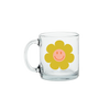 Clear glass mug with a smiley green flower.