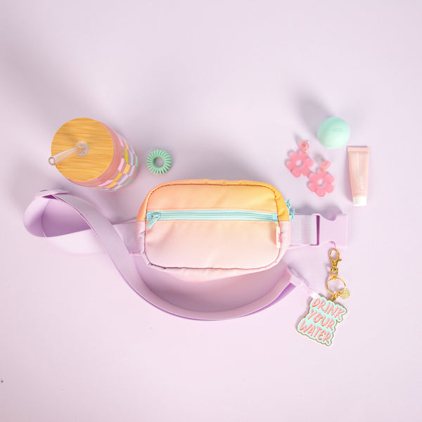 Lilac background and a small pastel color with a lilac strap hip bag and misc items 