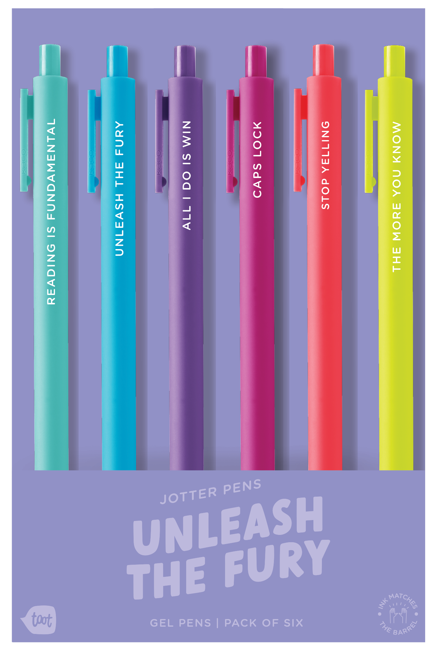Bold and colorful gel pen set titled 'Unleash the Fury' by Toot, featuring six pens with playful phrases: Reading is Fundamental, Unleash the Fury, All I Do is Win, Caps Lock, Stop Yelling, and The More You Know. Each pen has bright, matching ink and barrel colors in teal, cyan, purple, magenta, red, and neon yellow.
