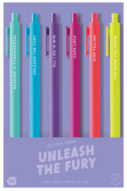 Bold and colorful gel pen set titled 'Unleash the Fury' by Toot, featuring six pens with playful phrases: Reading is Fundamental, Unleash the Fury, All I Do is Win, Caps Lock, Stop Yelling, and The More You Know. Each pen has bright, matching ink and barrel colors in teal, cyan, purple, magenta, red, and neon yellow.