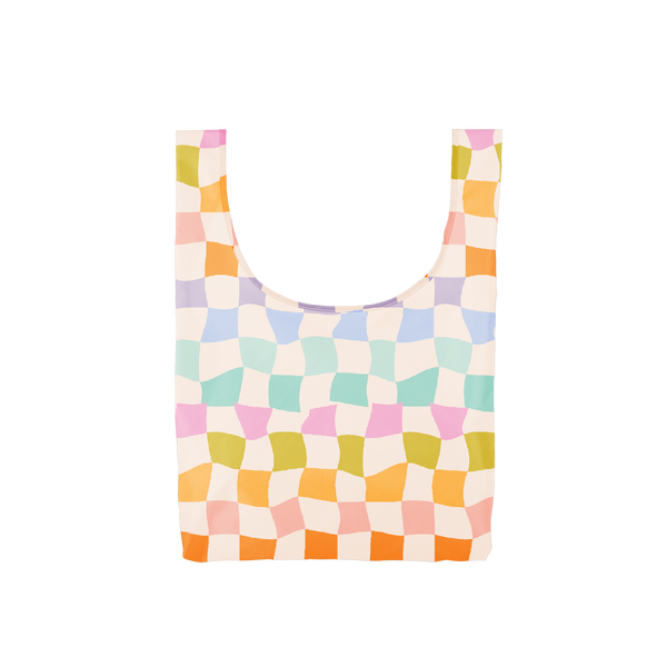 Rainbow checker pattern Twist & Shouts in an array of groovy warm and cool colors.