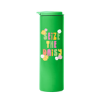 seize the daisy text on a skinny green tumbler with pink yellow and white flowers.