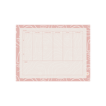 10.5"x8" tearaway notepad with a muave colored background covered in zen ladies face outlines. Covering most of the page is a cream colored background with the days of the week, am/pm, and a space for notes under the days of the week. 