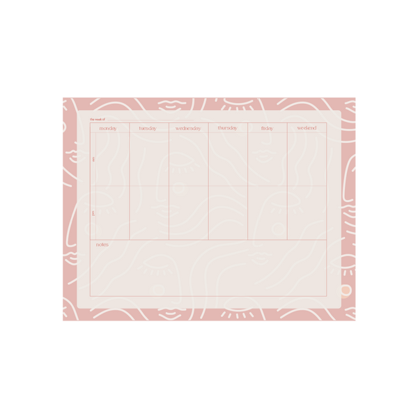 10.5"x8" tearaway notepad with a muave colored background covered in zen ladies face outlines. Covering most of the page is a cream colored background with the days of the week, am/pm, and a space for notes under the days of the week. 