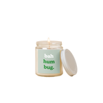 8 oz candle jar with mint green label on front with text that reads "bah hub bug." in white and green letters.