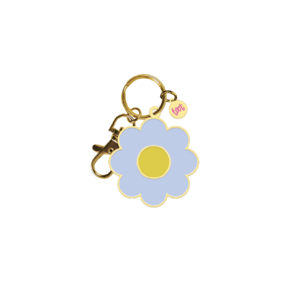 Blue daisy with yellow middle key chain; gold key ring attached