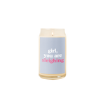 Holiday candle with blue design "girl, you are sleighing"