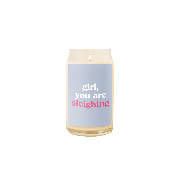 Holiday candle with blue design "girl, you are sleighing"