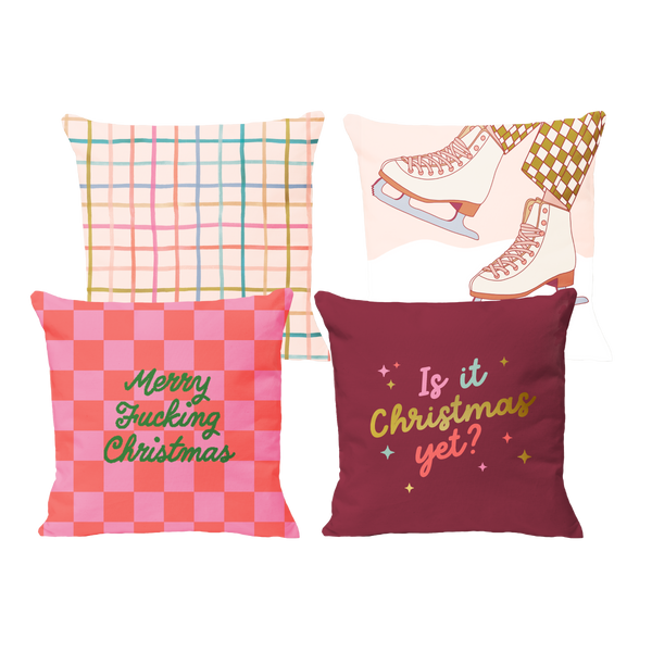 "Merry Fucking Christmas" Pillow in pink and red. Checkered Pillow. "Is it Christmas yet" pillow.