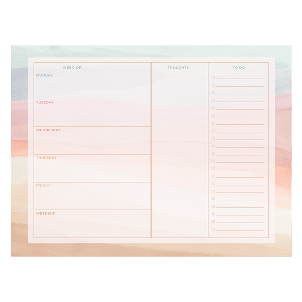 14" x 10.5" tearaway notepad with the sunset stripes pattern as a border, surrounding a cream colored (with a little transparency to see the pattern slightly behind it) with tan lined boxed that have the days of the week from top to bottoom on the left hand side, a whole column for "thoughts" and another column with a checklist for "To Do's".