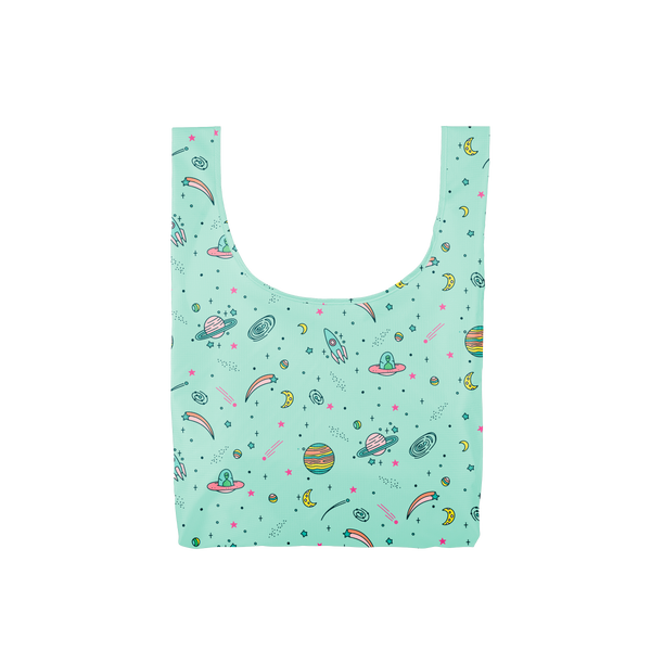 A medium blue reusable tote with planets, stars and spaceships.