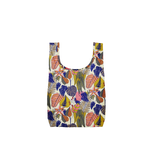 A botanical pattern with yellow, blue, pink and green leaves on a small tote.