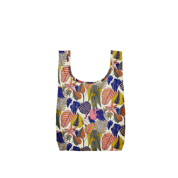 A botanical pattern with yellow, blue, pink and green leaves on a small tote.