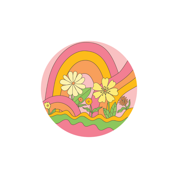 Flower power sticker with different flowers and groovy patterns and a rainbow in pink, yellow, and orange.