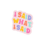 "I Said What I Said" sticker with rainbow letters in pink, purple, yellow, light teal, and orange.