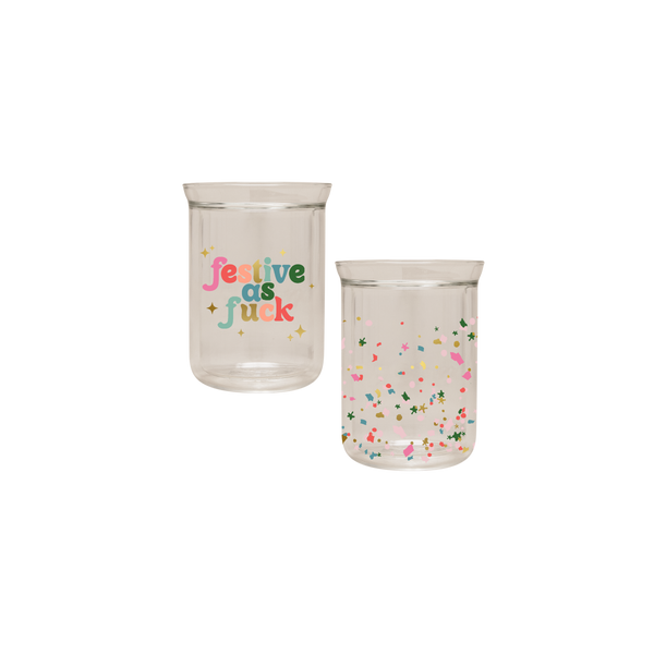 Frosted glass with colored confetti and Clear glass with "festive as fuck" on text.