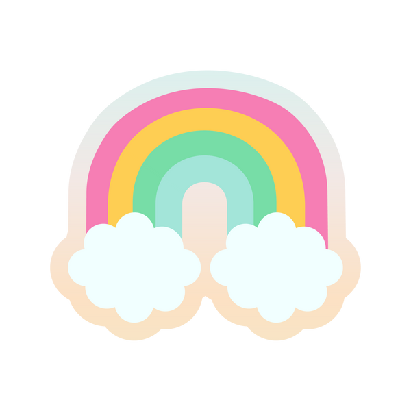 A multicolored, rainbow-arched sticker with two clouds at the ends of the arch.