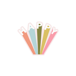 "Happy" sticker with a different color showcasing a different letter in different colors like coral, light blue, olive green, sage green, and pink.